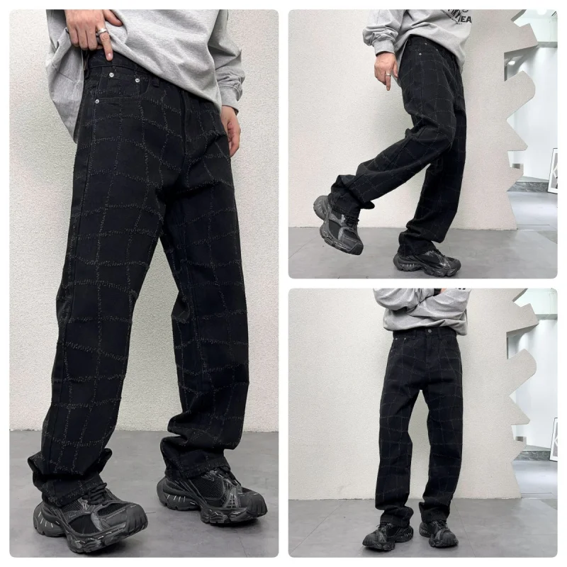 

High-end street beat hip-hop loose casual retro straight men's jeans personalized square jacquard black men's pants