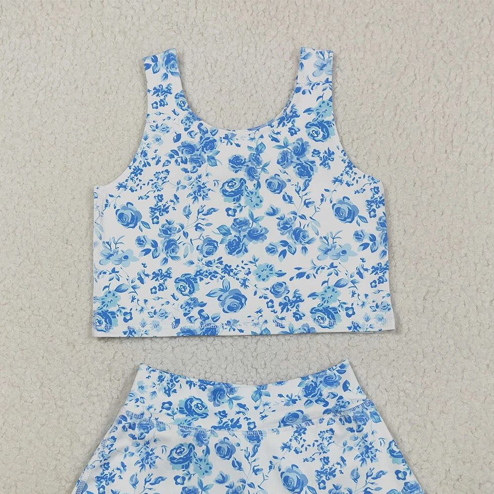 女の赤ちゃんブルーフラワープリントベストトップショーツセットノースリーブヨガアクティビティ衣装子供用夏服