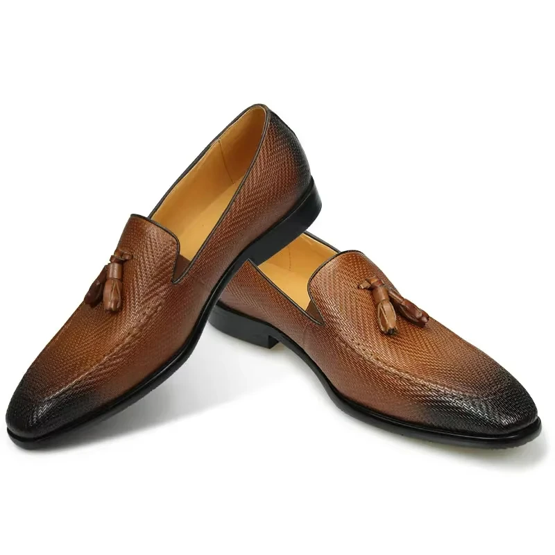 Borla casual sapato de escritório camada superior couro vaca mocassins masculino retro negócios formal vestido calçado artesanal retro deslizamento em sapatos masculinos