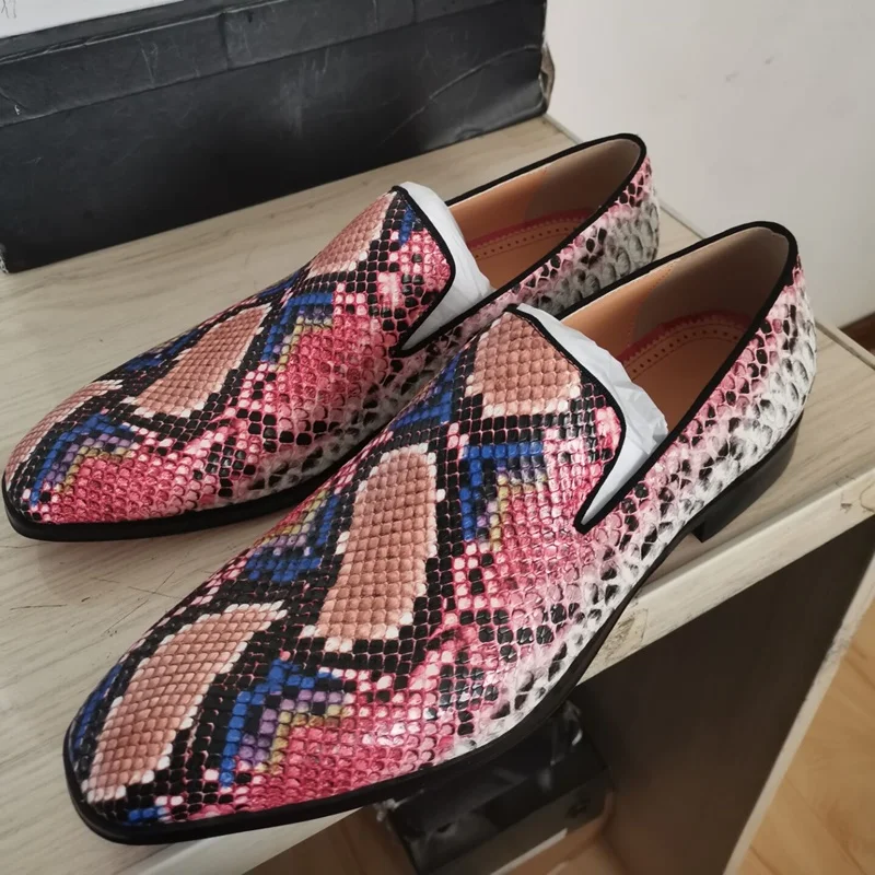 New Fashion Mixed Colors Snake Skin Pattern Loafers Luxury Genuine Leather Shoes For Men Handmade Slip On Flats Dress Shoes