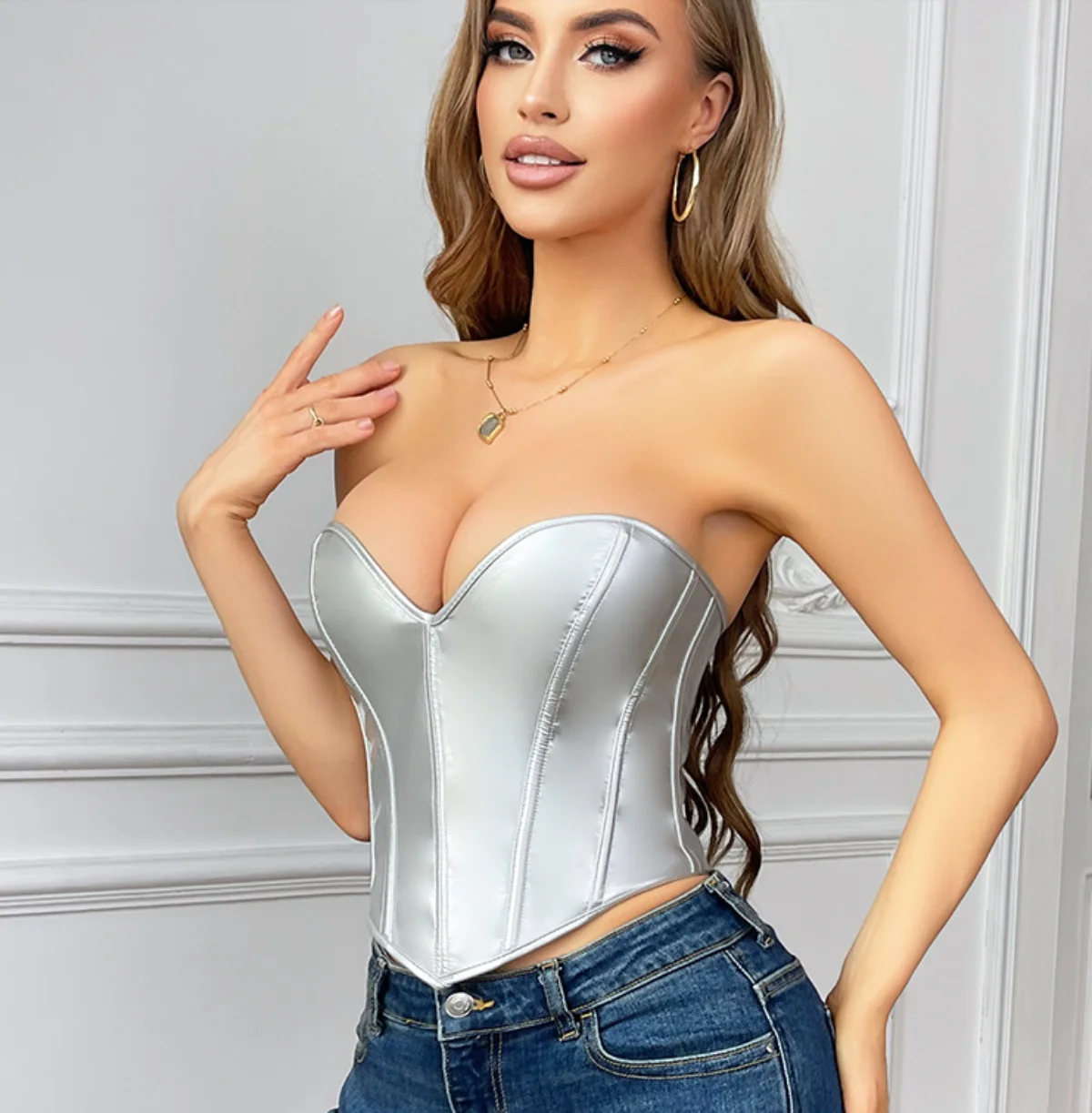 

Heart-shaped Silver Leather Corset Tops Women Lace-up Corsets Slim Waist Vest Shapewear Push Up Bodysuit Bustier Bodyshaper Top