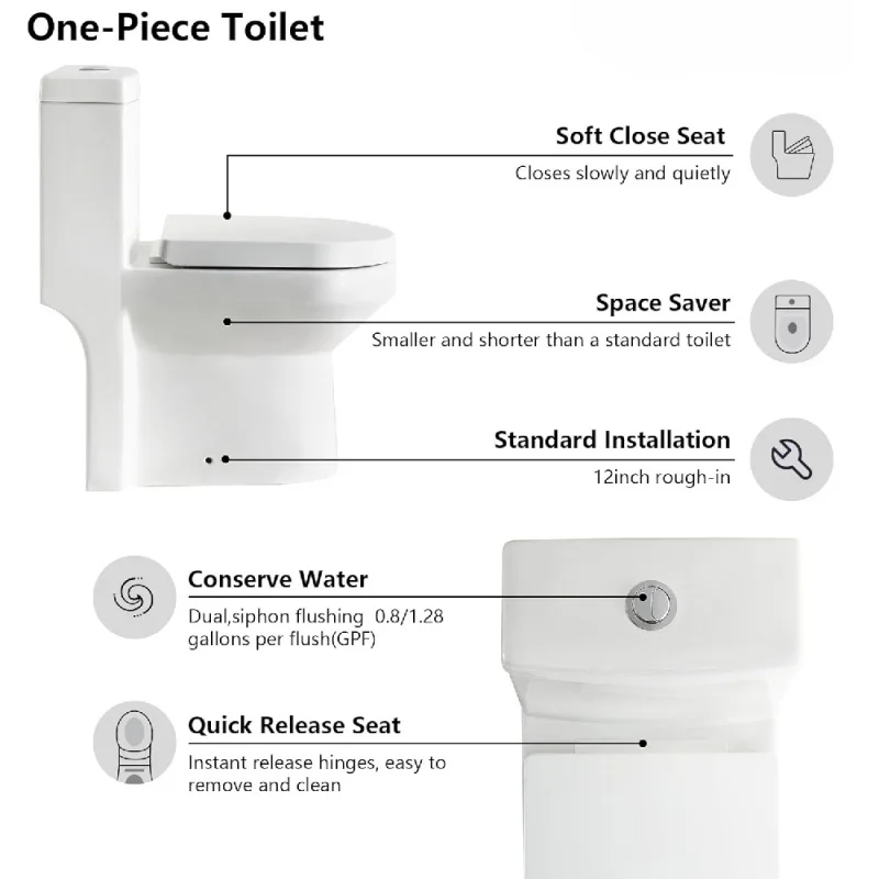 Small Compact One Piece Toilet For Bathroom, Dual Flush Toilet With Soft Closing Seat,12