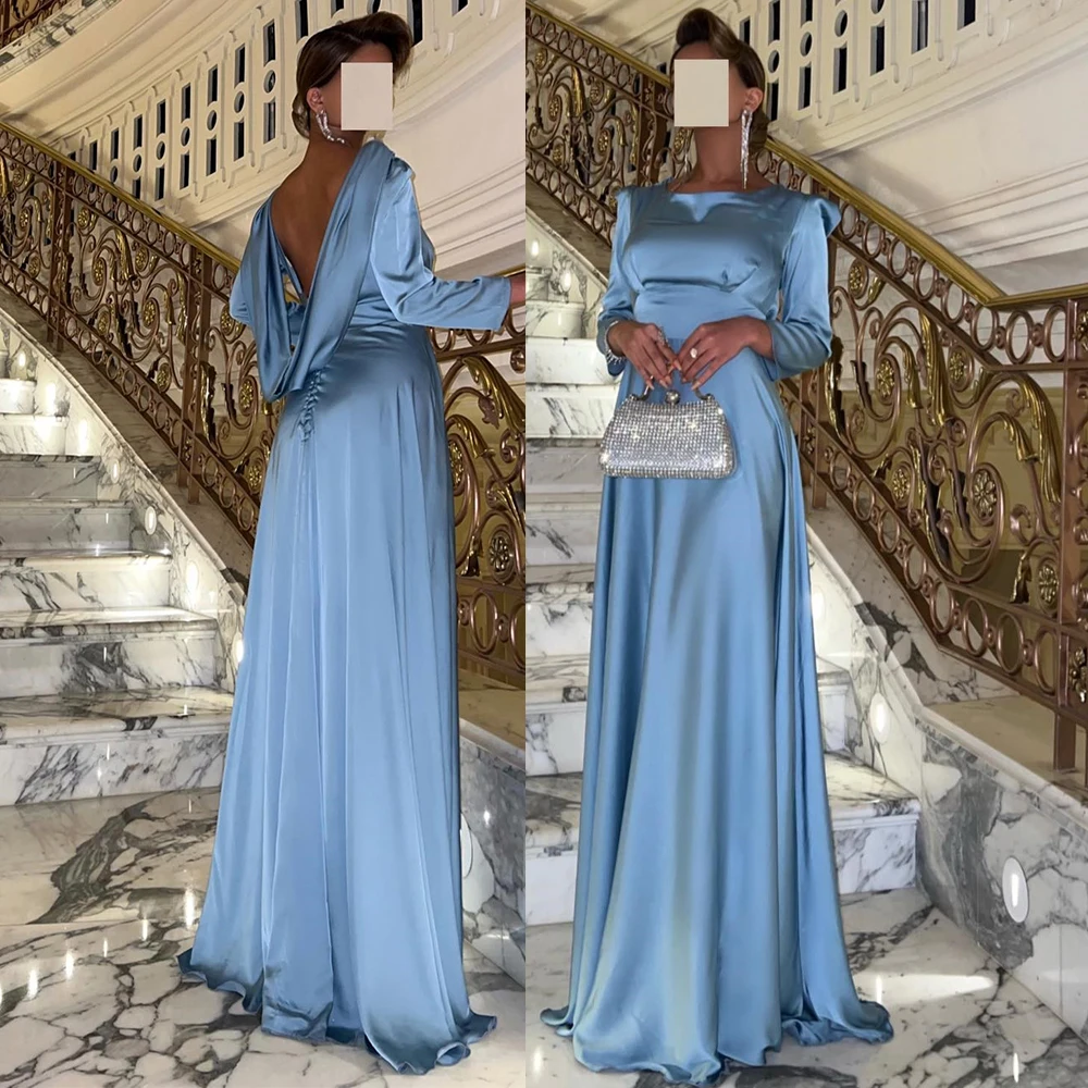 

Backless Long Sleeve A-line Evening Dresses Round Neck Vinatge Pleat Prom Gown Solid Color Formal Party Dress Robe De Soiree