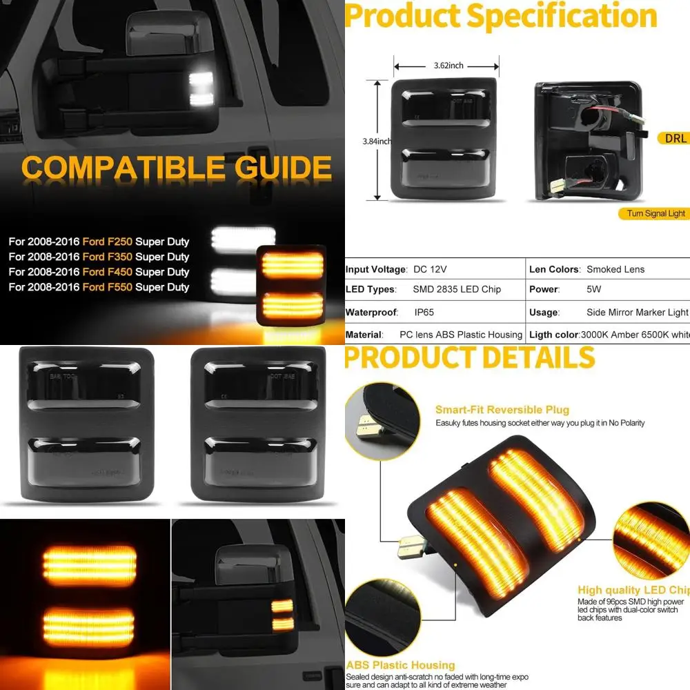 

Smoked LED Side Mirror Lights with Turn Signal & Daytime Running Lights for 2008-2016 Ford F250-F450 Super Duty, Pack of 2
