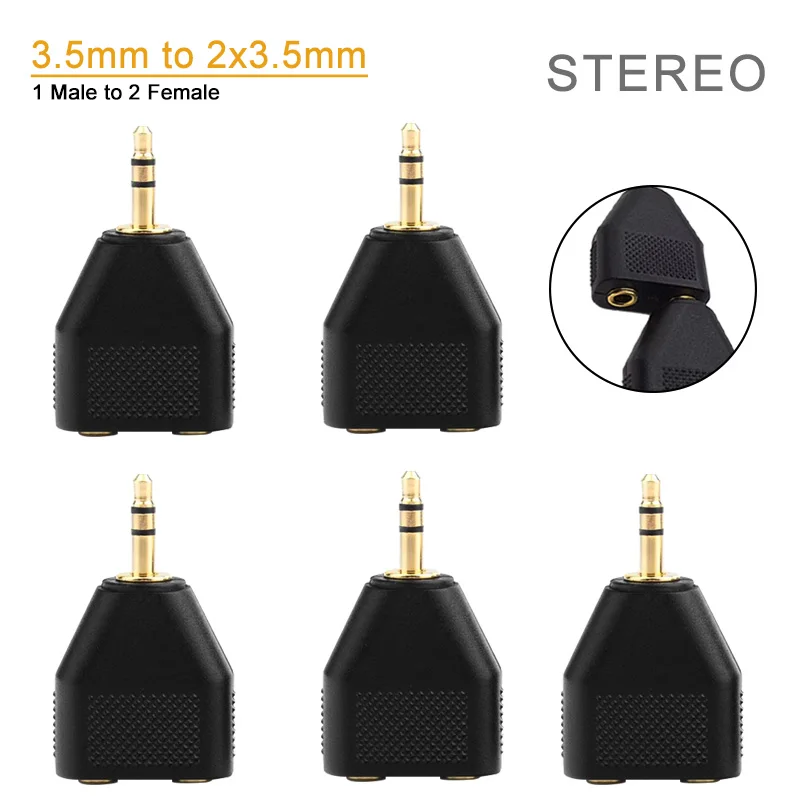 

5/20PCS 1 Male To Dual Female Jack 3.5mm Stereo To 2-3.5mm Copper Gold Stereo Audio Y Splitter Headphone Adapter