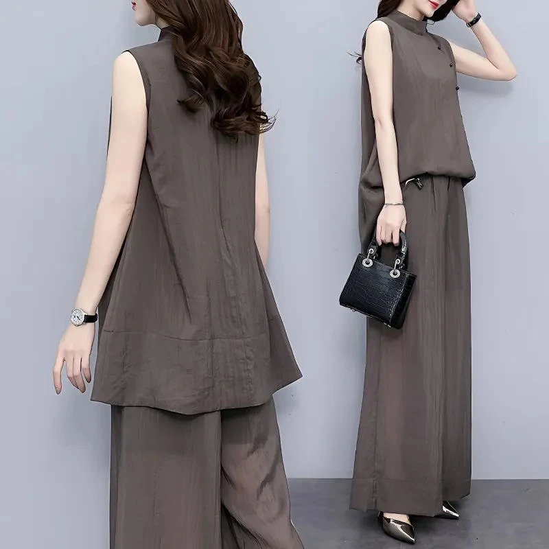 Модный женский костюм, новинка лета 2023, женские широкие брюки, свободный наряд без рукавов, темпераментный легкий ветер, комплект из двух предметов
