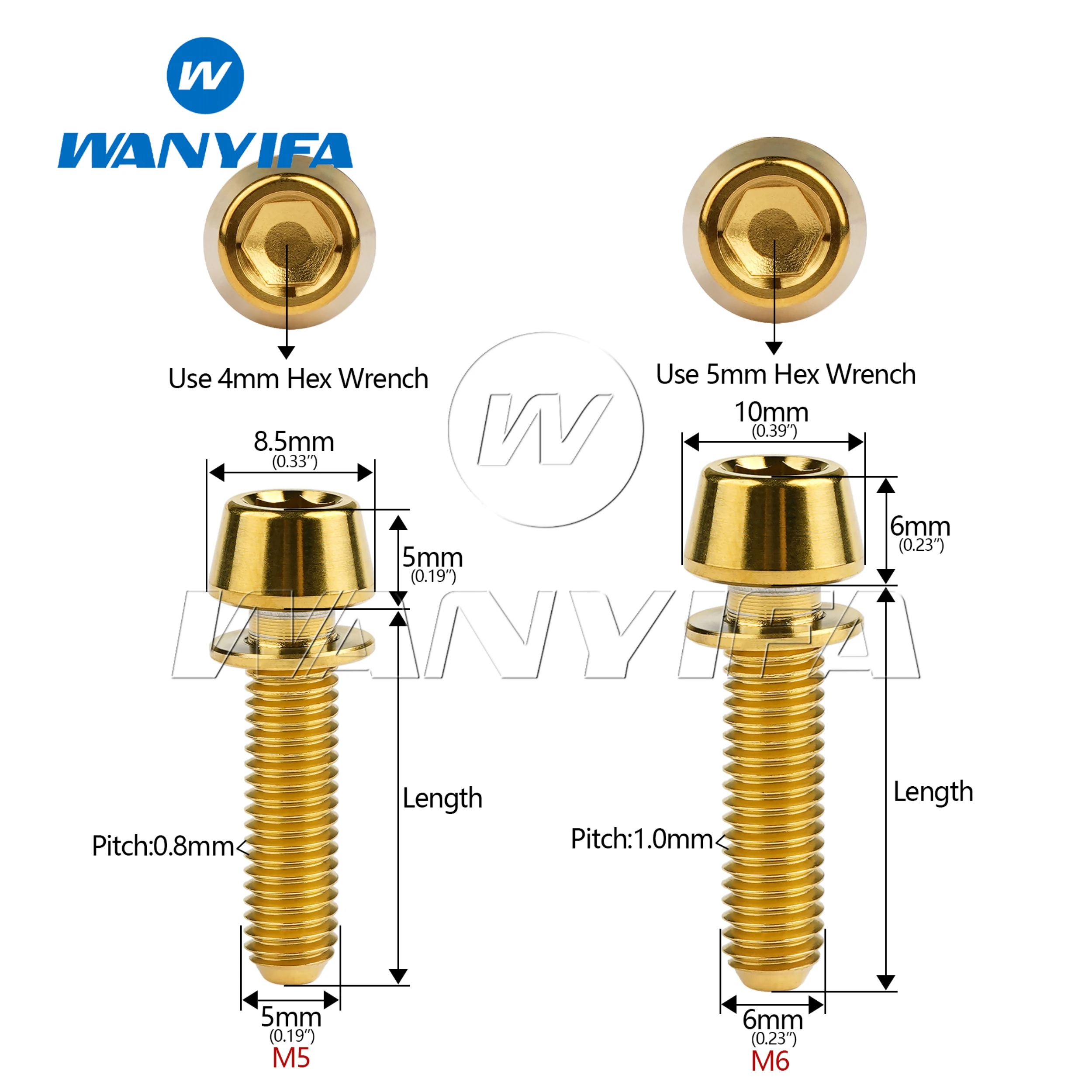 Wanyifa 6Pcs Titanium Ti M5 M6 x 16 18 20 25mm Allen Hex Tapered Head Bolts With Washer Screw For Bicycle Stem