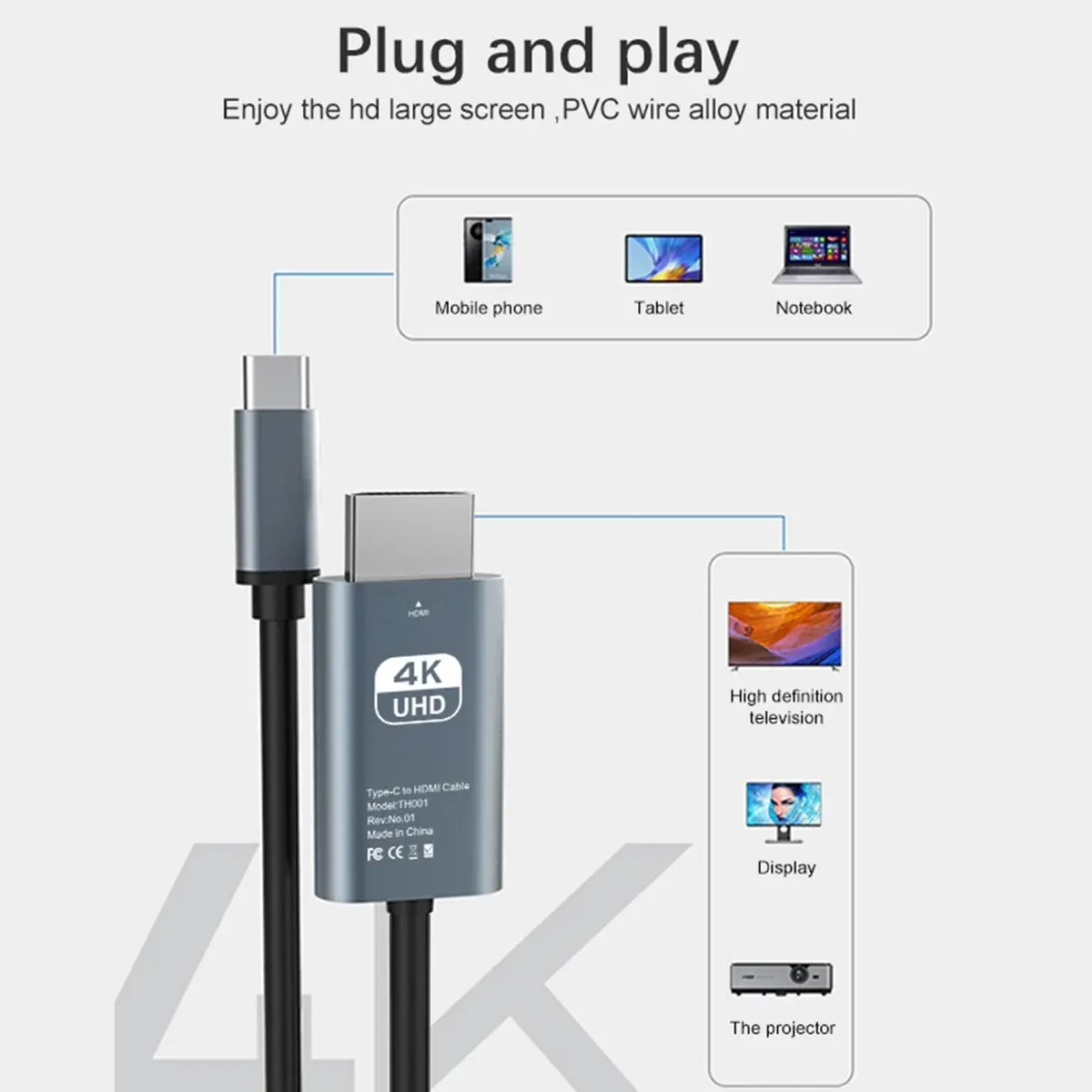 USB C para cabo HDMI, 4K Alumínio, Tipo-C para suporte de cabo HDMI, Thunderbolt 3 e 4, iPhone 15 Series, MacBook, iPad Pro,Dell, HP