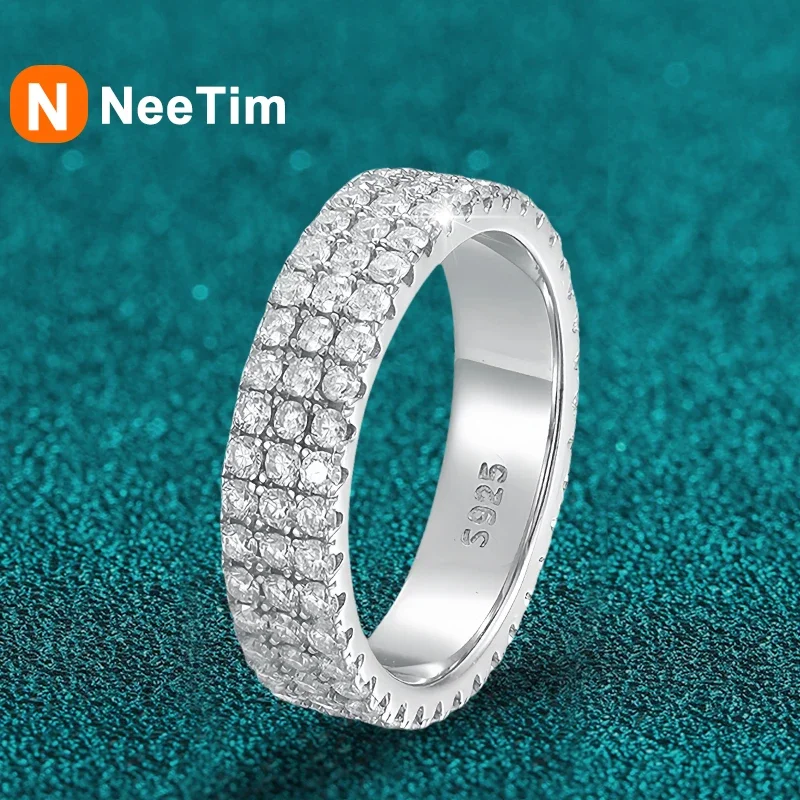 NeeTim Full Moissanite Ring Sterling Silver 925 with Gold Plated Wedding Engagement Eternity Band Patry Luxury Jewelry for Women