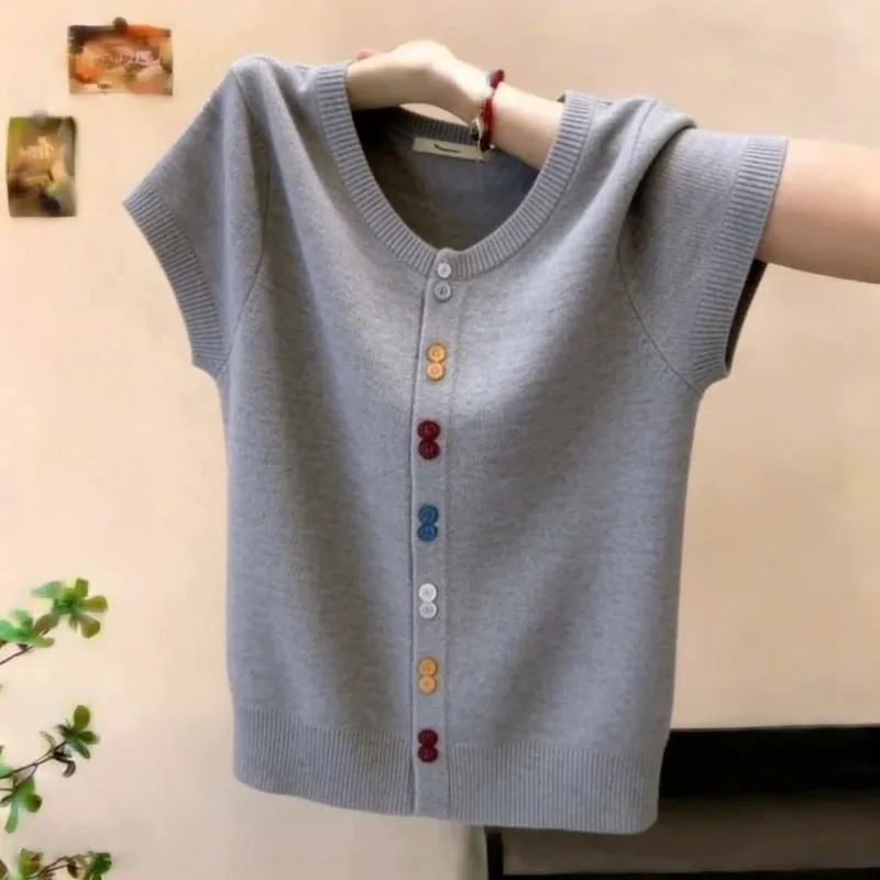 Knitted Short-sleeved Women's Cardigan New Wild Top Summer Fashion Rainbow Buckle Casual Knitting Sweater Female Knitwear Top