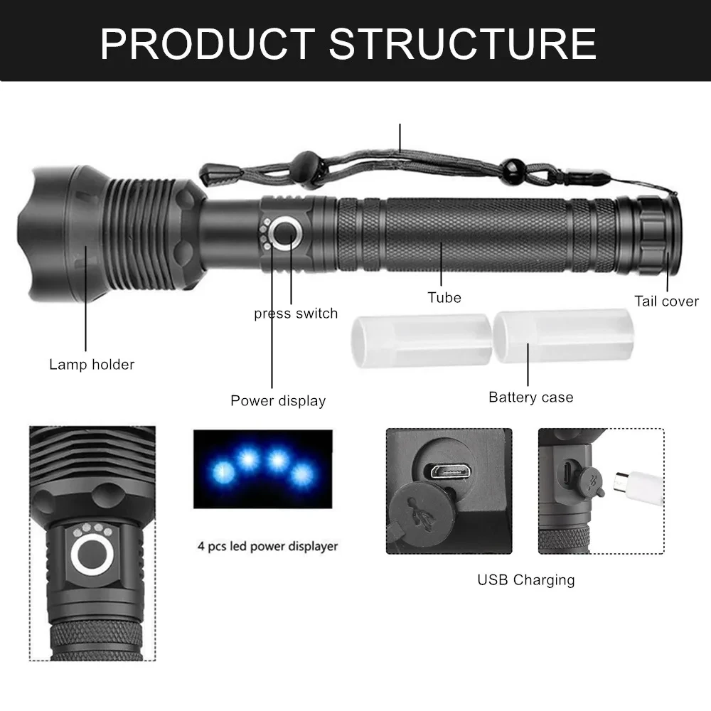 Imagem -04 - Super Brilhante Usb Recarregável Zoom Led Tocha Tática Lanterna Poderosa Xhp70.2 Xhp70 18650 ou 26650 Bateria Lâmpada de Acampamento