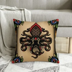 Traditional Tattoo Octopus Polyester Cushion Cover For Home Chair Decorative Washable Coussincase throw pillows