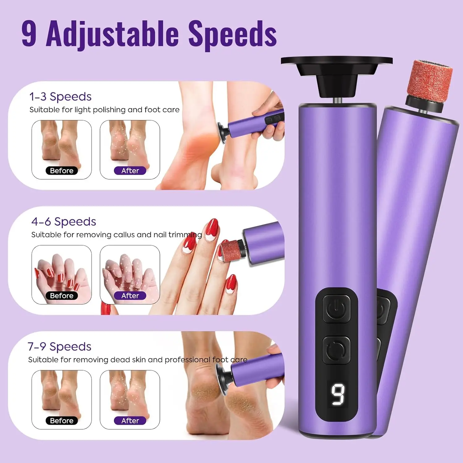 مزيل مسامير القدم الكهربائية 2 في 1 مطحنة ملف القدم الكهربائية طلاء الأظافر 9 سرعات أداة باديكير للبشرة الميتة والمتشققة #2