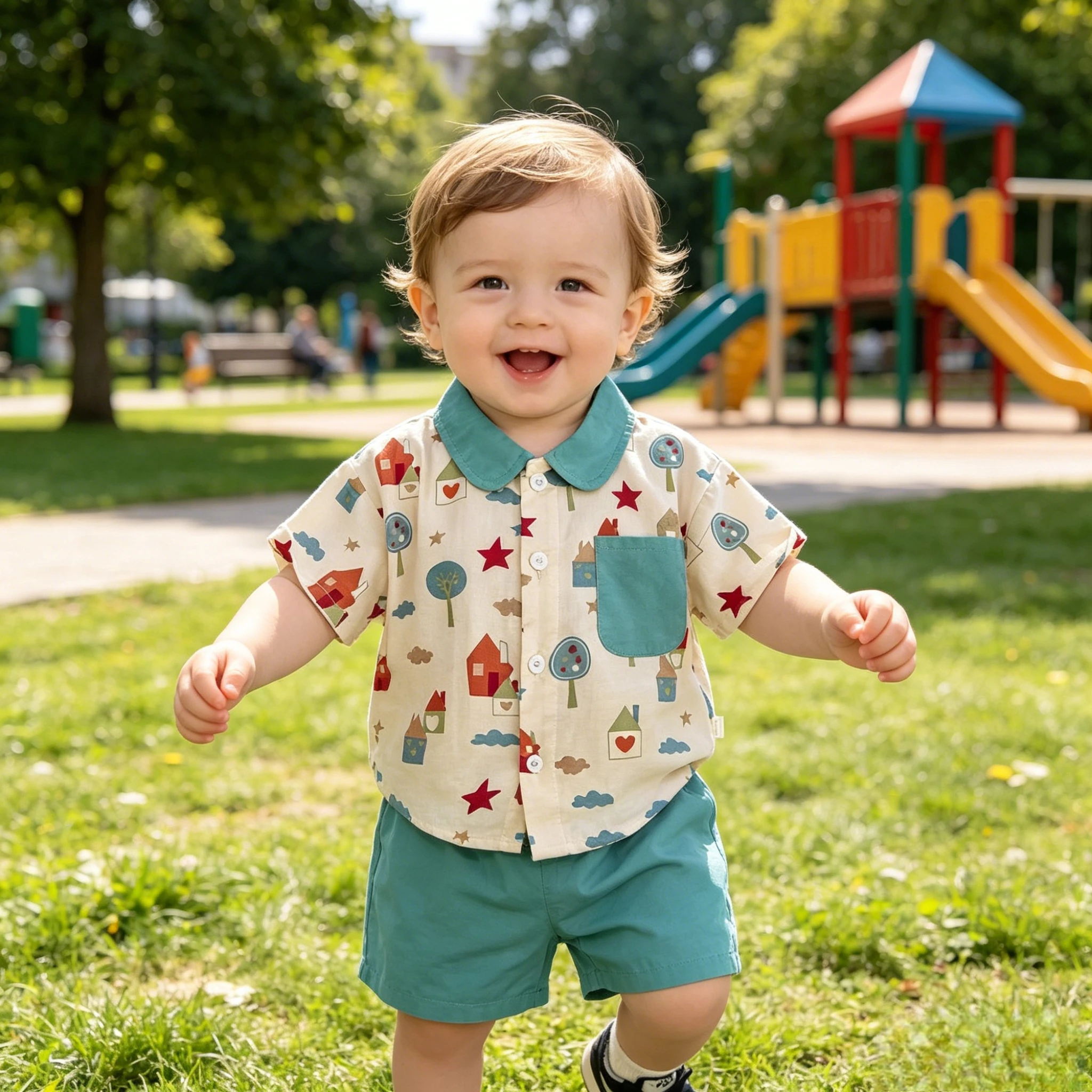 

Cartoon House Print Kids Shirt + Shorts Summer Two-Piece Outfit