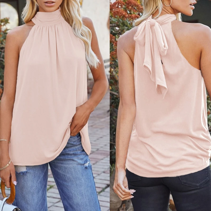 Women Sleeveless Self Tie Halter Collar Tank Top Sexy Off Shoulder Pleated Front Blouse Simple Solid Color Loose Vest