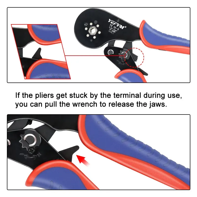 Ferrule Terminal Connectors Hexagon Crimping Pliers YE 16-6 0.08-16mm2/30-5AWG Large Range Size Ratchet Electrical Tools YEFYM