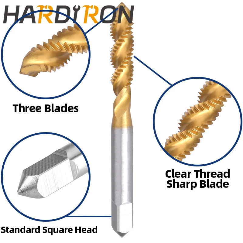 Hardiron M4 Spiral Flute Tap, HSS lapisan Titanium M4x0.7 Spiral Flute Plug Threading Tap