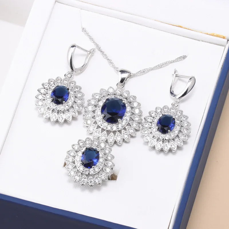 925 Sterling Silver Sunflower Luxury 4-Piece Fine Jewelry Sets Wedding Bridal Women Dress Necklace And Earrings Ring