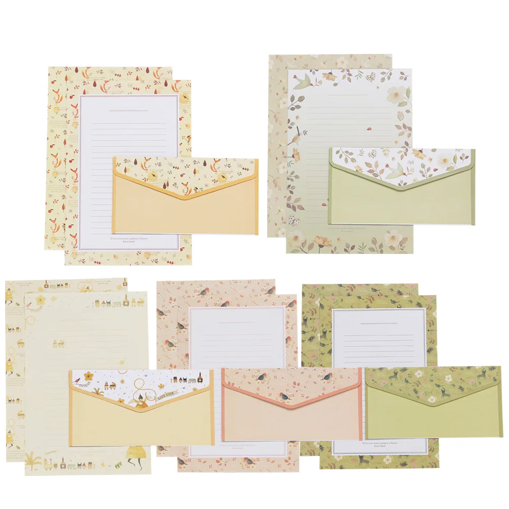 5 Sets/45pcs Flower Printing Envelope and Letter Paper Lovely Writing Stationery Envelopes Kit School Stationery for School (15