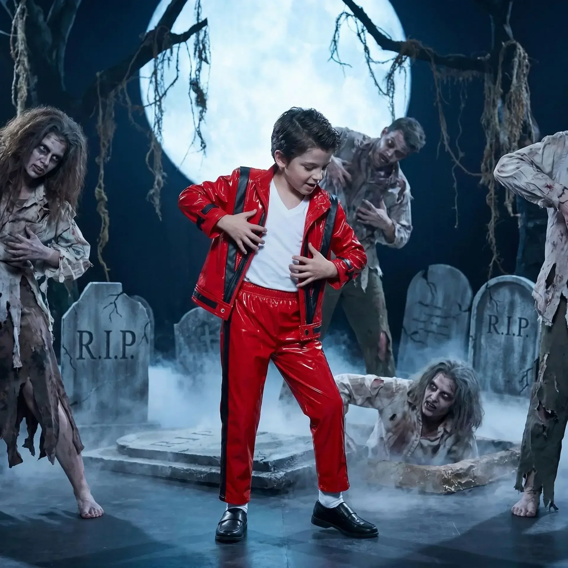 2026  MJ Michael Jackson Thriller Kids Costume  Red   Black Leather Jacket Pants Boys Halloween Stage Cosplay Outfit - view 2