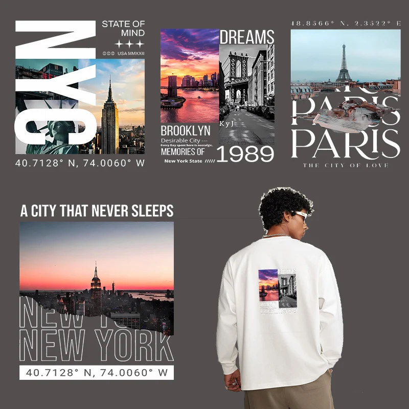 

Personalized urban landscape heat transfer stickers Iron On fashion men's and women's summer T-shirts DIY decoration