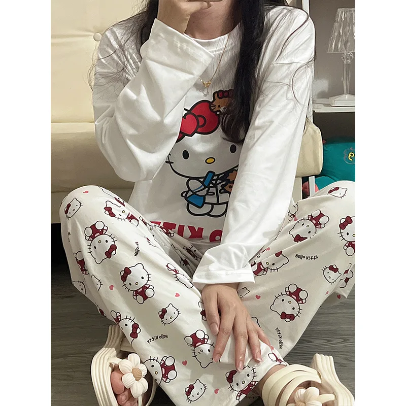 Hello Kitty-Pyjama à col rond pour femme, vêtements de maison, simple, décontracté, manches longues, pantalon long, ensemble 2 pièces, mignon, printemps et automne