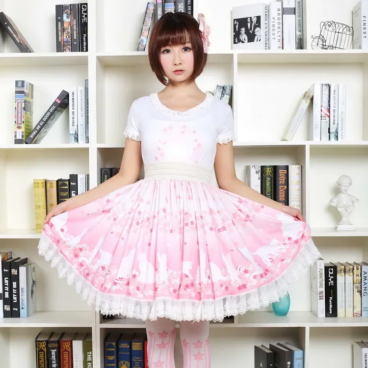 

Sweet Soft Girl Short Skirt Pink Cherry Blossoms and Cat Printed Ruffled Lolita Skirt