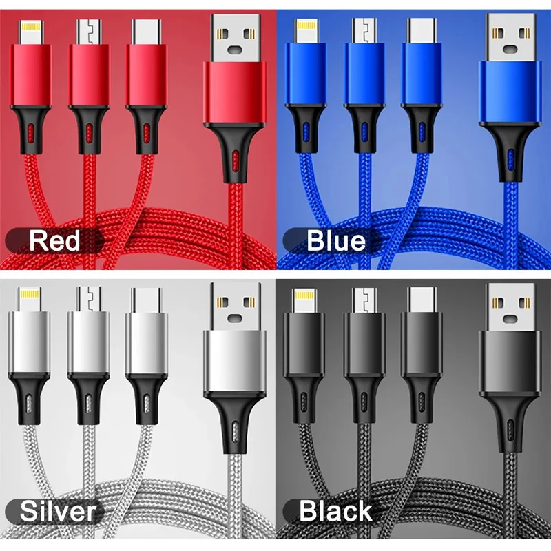 UKGO-Cable de carga rápida USB 3 en 1, Cable Micro USB tipo C Lightning Multi cargador para iPhone, Huawei, Samsung, Cable trenzado de nailon