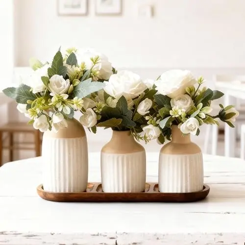 

3 Artificial Flower Sets in Ceramic Vases with Wood Tray – Modern Nordic Boho Table Decor (Beige White)