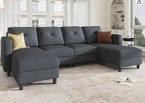 Convertible Sectional Sofa U Shaped Couch 4 Seat Sofa with Double Chaises for Living Room, Bluish Grey