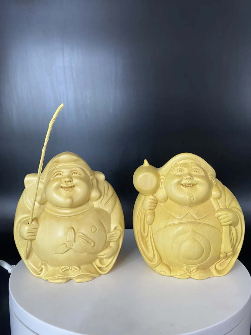 

Boxwood Hand Carved Wooden Ebisu Daikokuten Sculpture Statue Figurine Pair (Set of 2) - Seven Lucky Gods Ornament Home Office