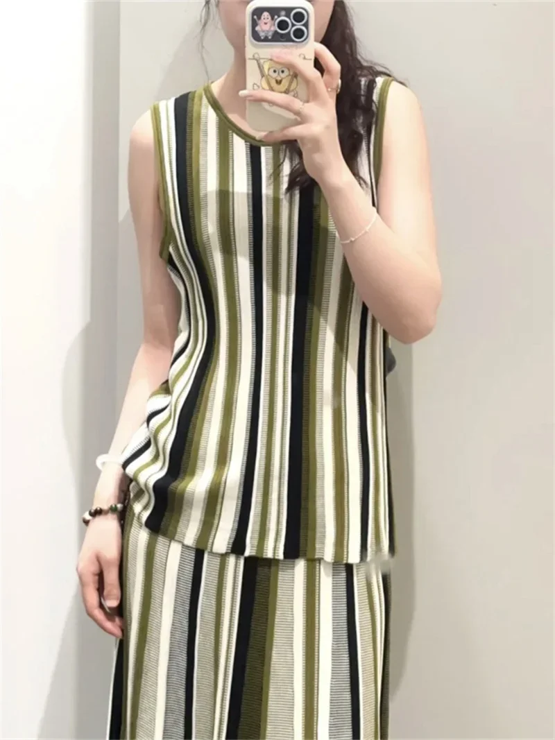 

Women Knit Striped Vest or Skirts Set Contrast Color Pleated Long Skirt or O Neck Sleeveless Sweater 2024 Female Fashion Suit