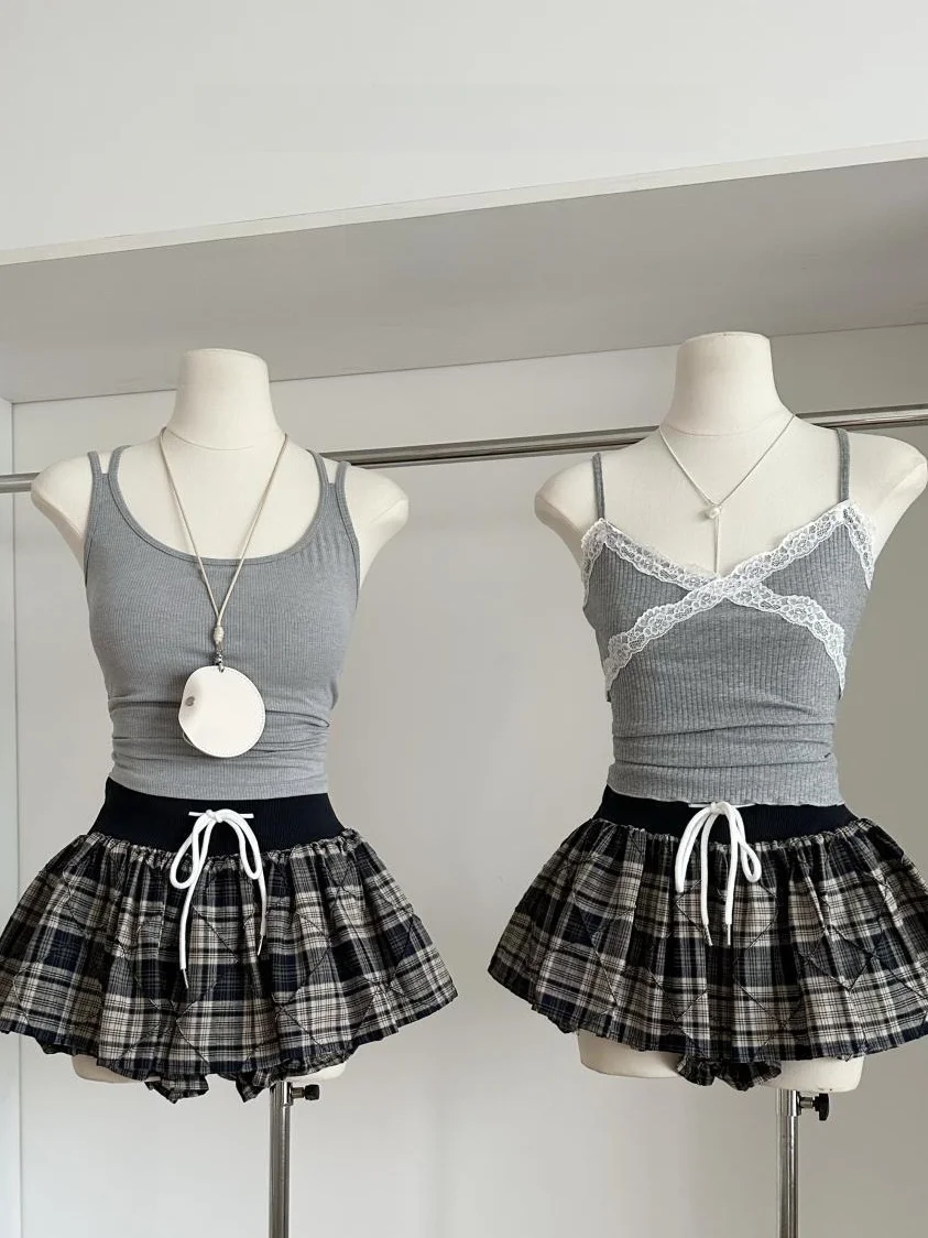 Summer New Sweet Spicy Plaid Drawstring Puffy Skirt Short Skirt College Style Design Half Skirt Women's Fashion High Waist A-...