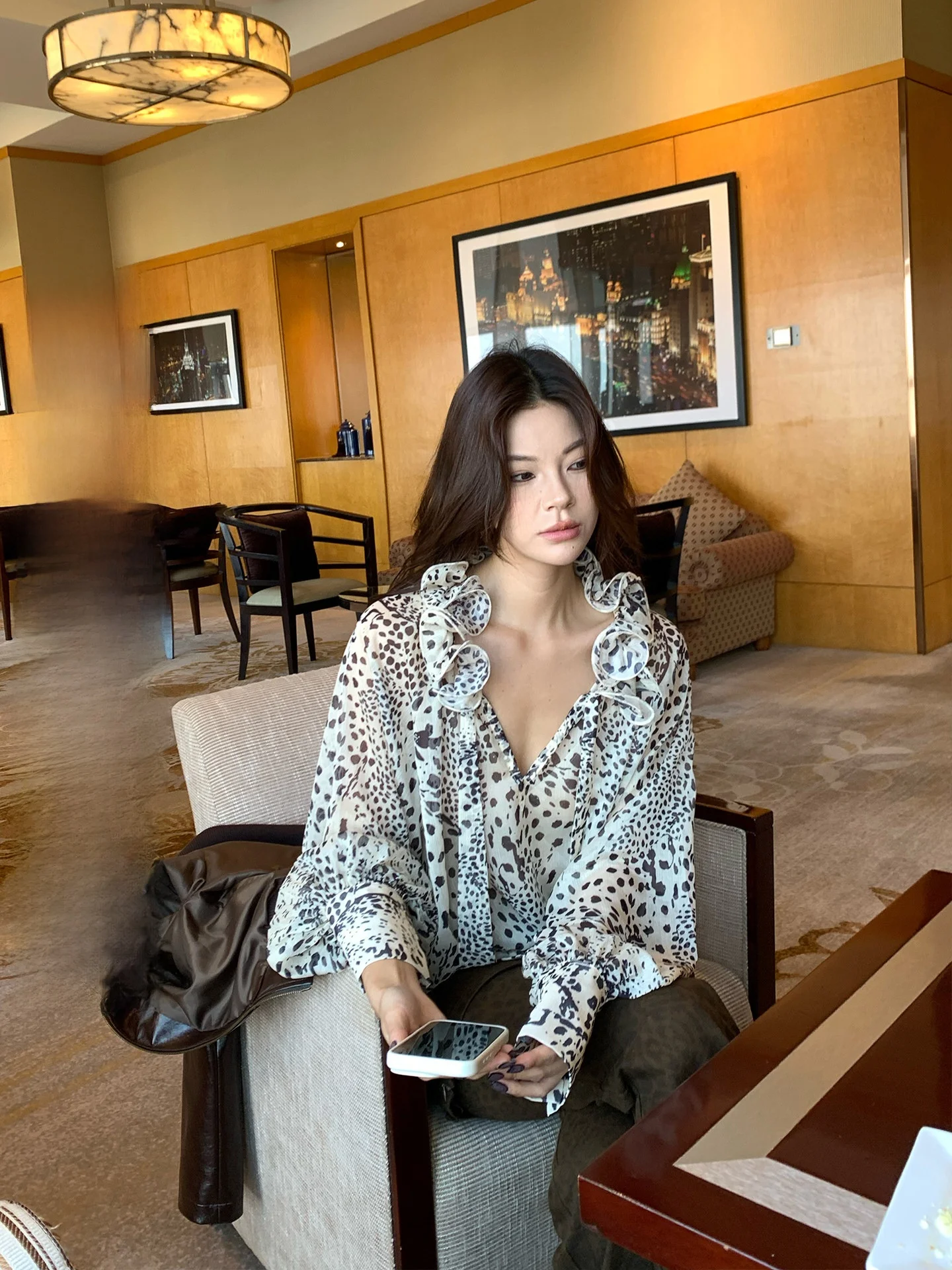

Handmade Long Sleeve Women's Shirt with Flounce Hem And Leopard Print V Neck French Style Loose Fit Breathable Polyester