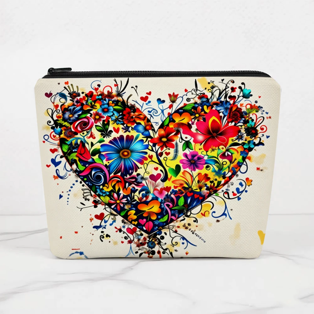 Colorful Floral Heart Design Pattern Makeup Bags for Girls Cosmetic Pouch Toiletry Bag Pencil Case Travel Storage