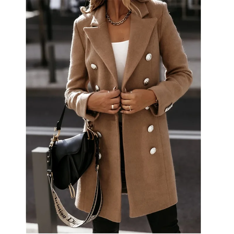 2022 hot sale autumn and winter long-sleeved suit collar double-breasted coat coat women\'s woolen