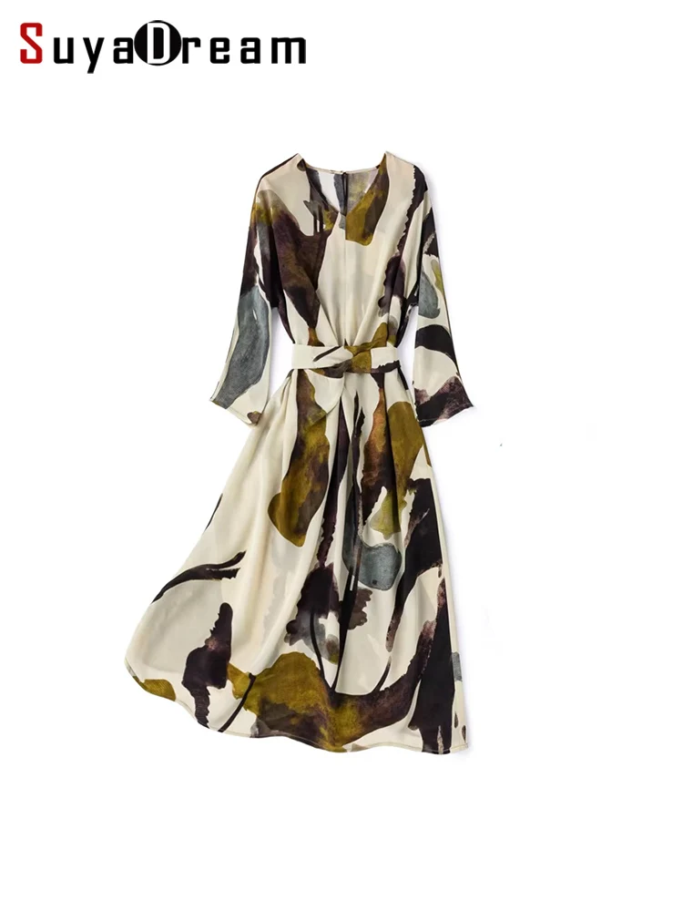 SuyaDream,Women Printe Dresses, 100%Real Silk, V Neck, Sashes, Elegant Mid Dress, 2026 Spring Summer Clothes