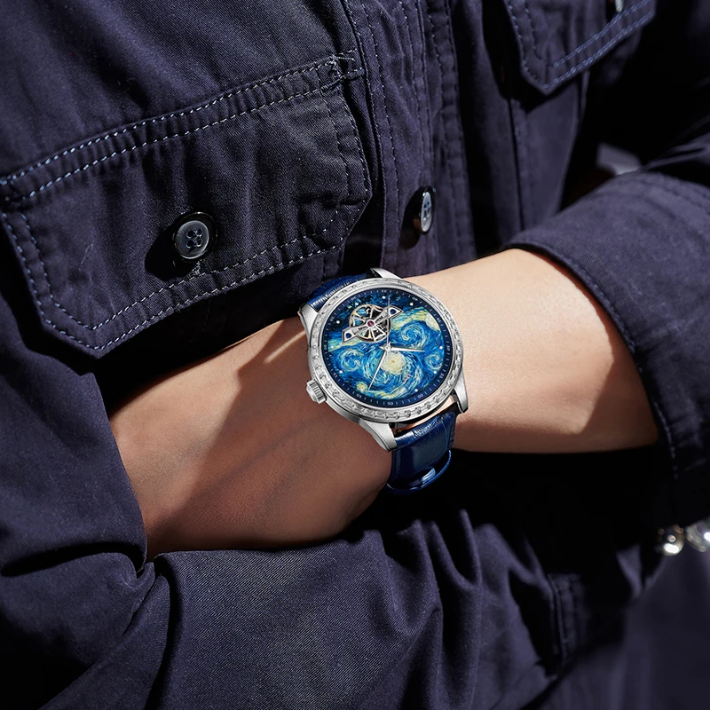 WM Watch High Quality Men Business Watches Automatic Mechanical Starry Night Oil Painting Series Skeleton WellyMerck Watch WM146
