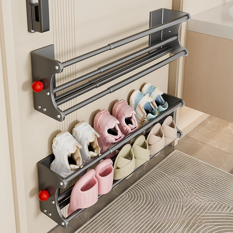 Magnetic Slipper Rack No Drill Wall Mounted Bathroom Slipper Holder Double Layer Drain Shoe Storage Organizer for Shower Toilet