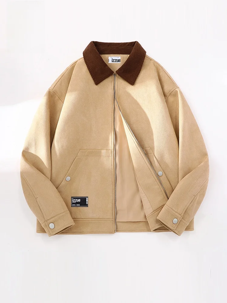 

Izzue American Sle Suede Collar Open Cardigan Jaet Men's Loose Top Spring Autumn Trendy Brand Casual Outerwear