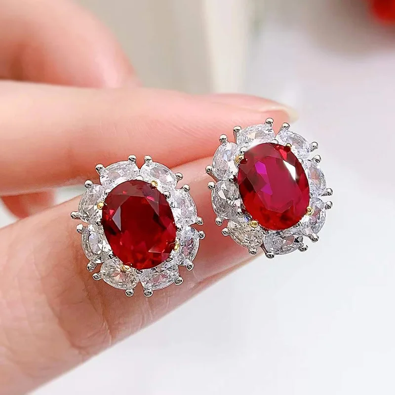 Luxury 100% 925 Sterling Silver 7*9 MM Oval Ruby High Carbon Diamond Gemstone Women Ear Studs Earrings Fine Jewelry