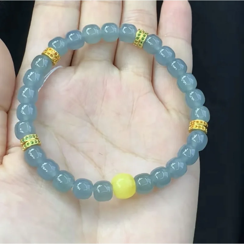 Natural Jadeite A Old-Style Bead Design Bracelet Paired with 925 Silver, Fashionable and Versatile