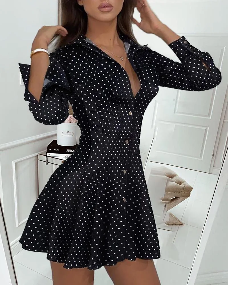 SKMY Autumn And Winter Clothing Polka Dot Printed Pleated Black Dress Long Sleeve Deep V-Neck Shirt Dresses For Women 2024
