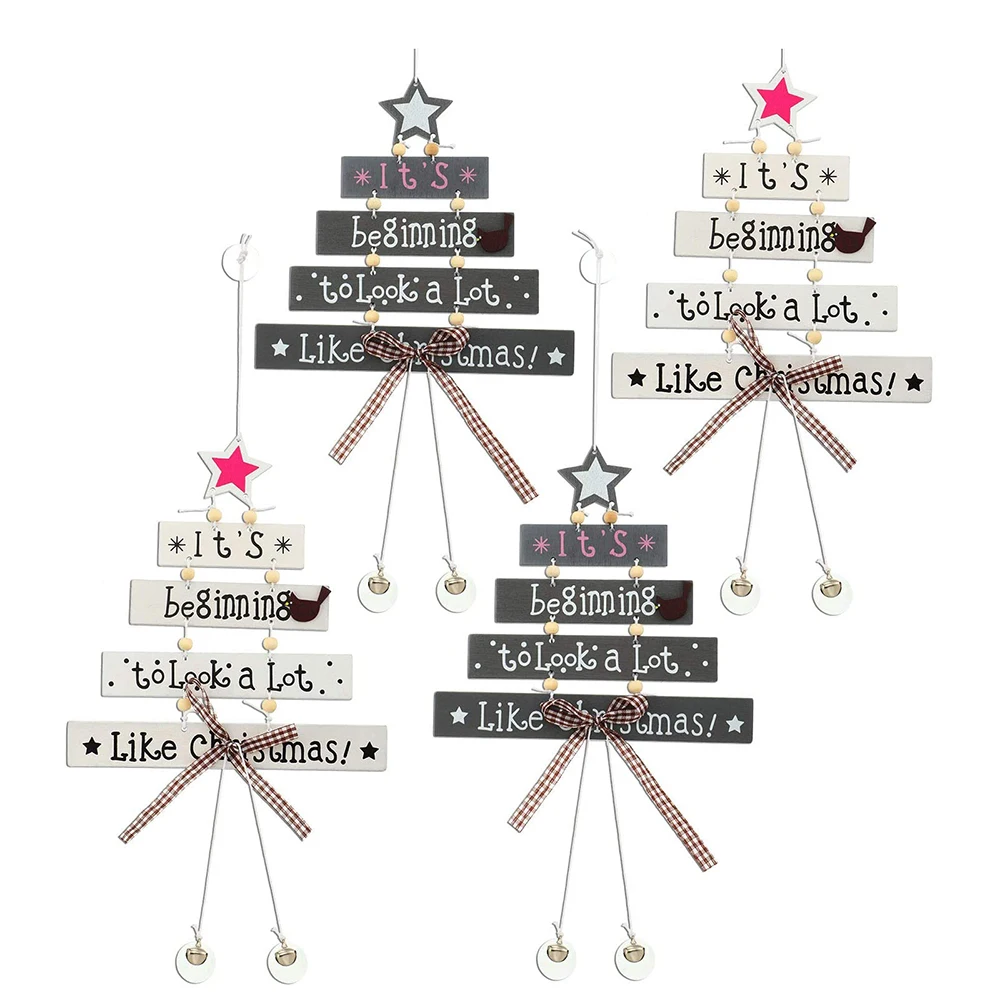 4Pcs Christmas Wood Tree Pendant Wooden Crafts Wooden Card Hanging Ornaments for Christmas Window Door Decorations