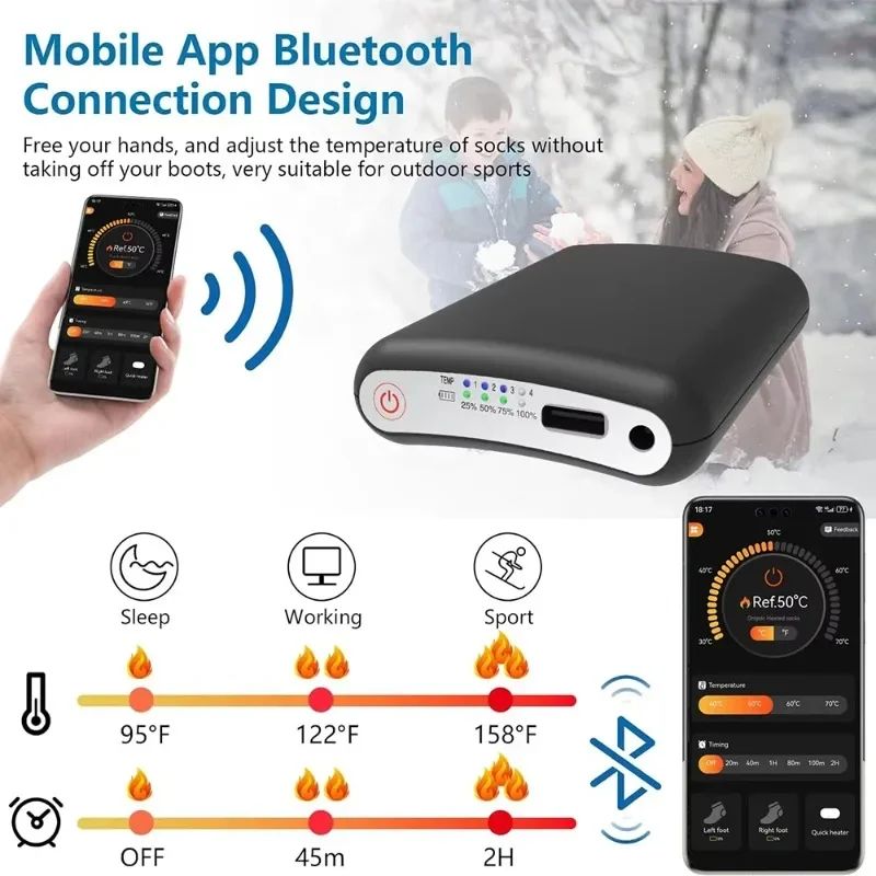 2PCS 5V 5000mAh Rechargeable App Remote Control Battery for Winter Heated Glove Insole Scarf Socks Vest Hot Battery Power Bank