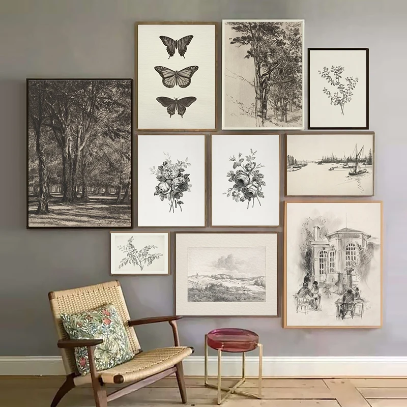 Vintage Rustic Tree Sketch Drawing Art Prints Farmhouse Country Painting Wall Art Canvas Pictures Botanical Poster Home Decor