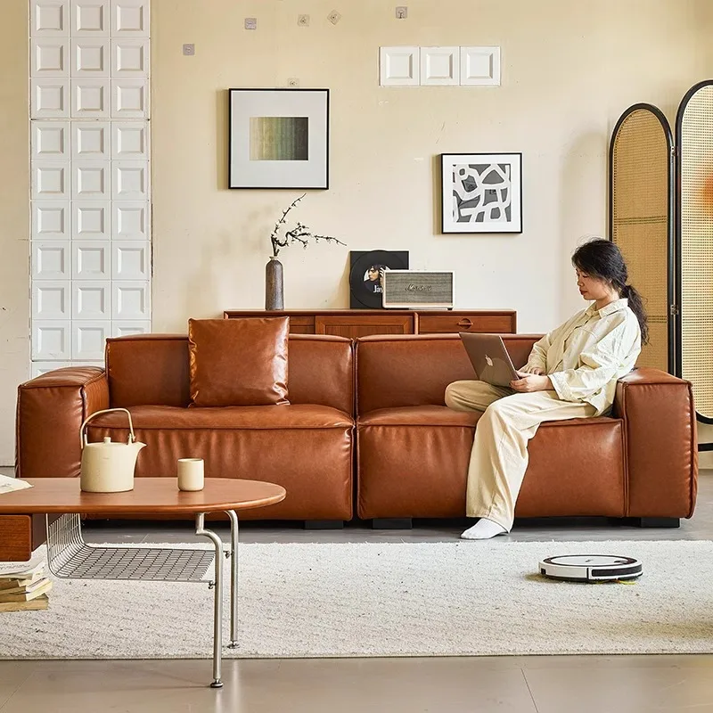 Dewell Living French Modern Sectional Three-Person Genuine Leather Sofa Set 3-Year Warranty Ancient Caramel Tone Living Rooms