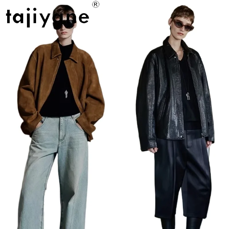 TAJIYANE 100% Cowhide / Suede Sheepskin Genuine Leather Jacket Women Fashion Retro Short Coats 2026 Spring Woman Clothes кожанка