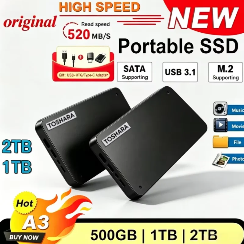 New Portable Hard Drive A3 SSD 500GB 1TB 2TB 4TB SSD Black External Hard Drive USB 3.0 Portable for Gaming Console Office Gift