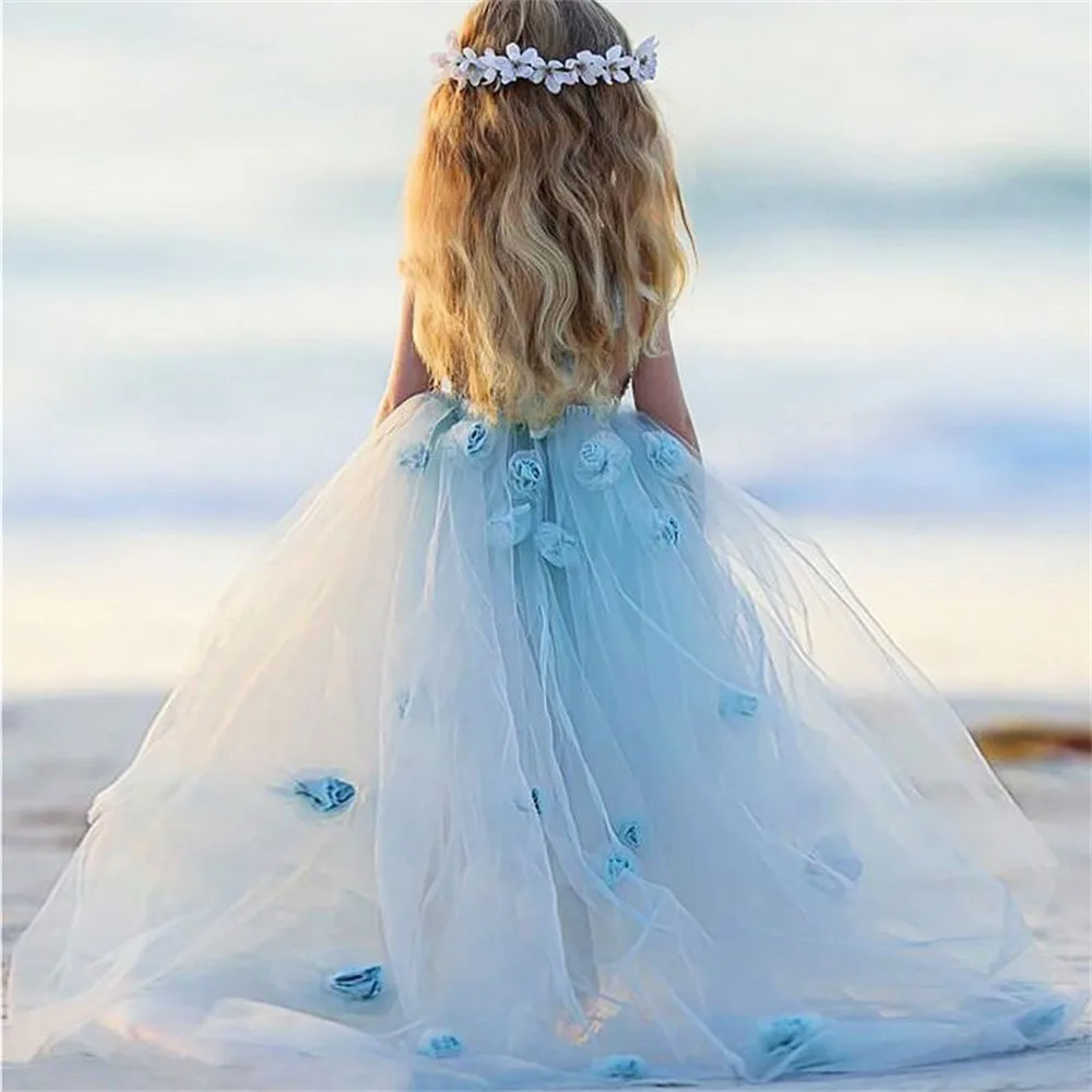 

Flower Girl Dress Blue Applique Sleeveless Kids Birthday Princess Sweetheart Ankle Length A-line Wedding Lace Beach Communion